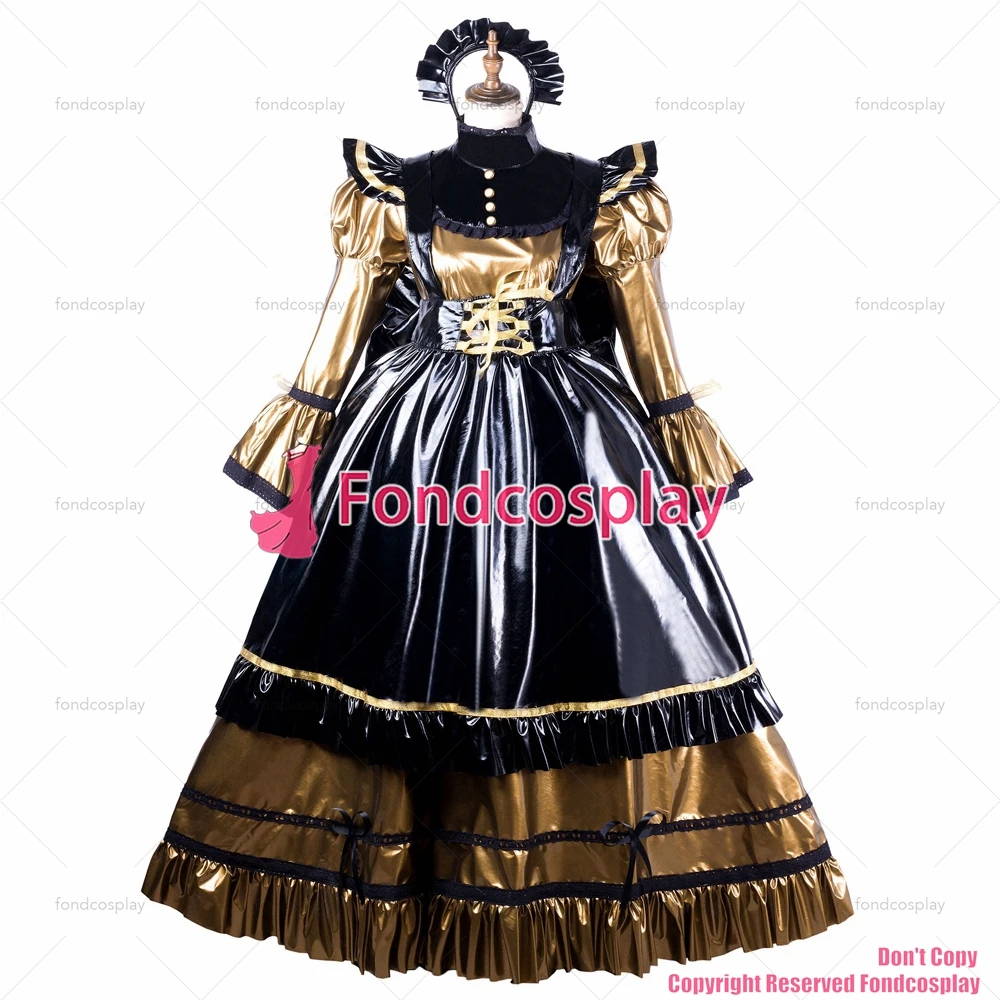 fondcosplay adult cross dressing sissy maid long gold thin pvc dress lockable Uniform black apron costume CD/TV[G2157]