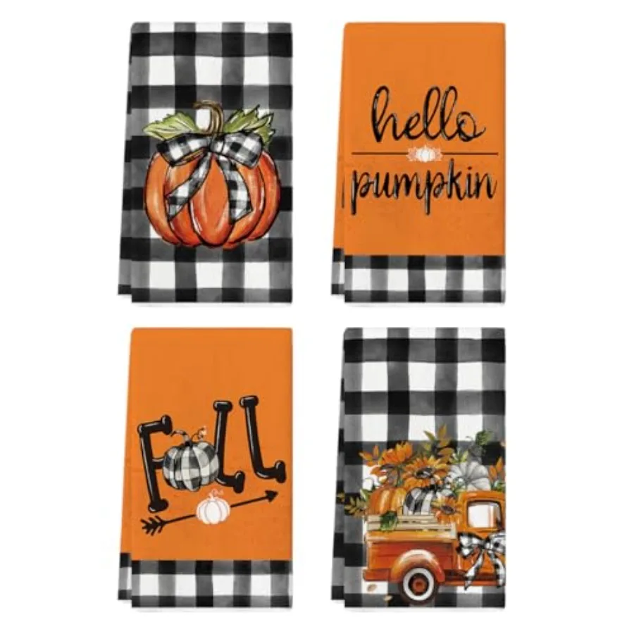 

Buffalo Plaid Truck Hello Pumpkin Fall Kitchen Towels Dish Towels 18x26 Inch Farmhouse Thanksgiving Decoration Hand Towels Set