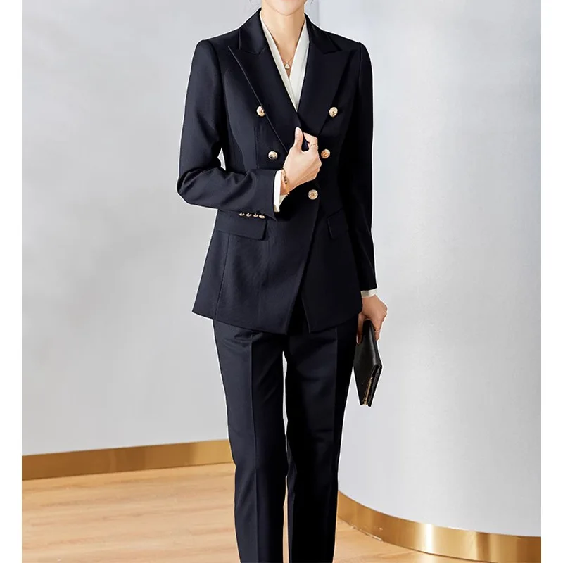 Women Spring And Autumn Pants Suit Commuter Double Breasted Suit OL Business Casual Cuit Pencil Pants Two Pieces Set