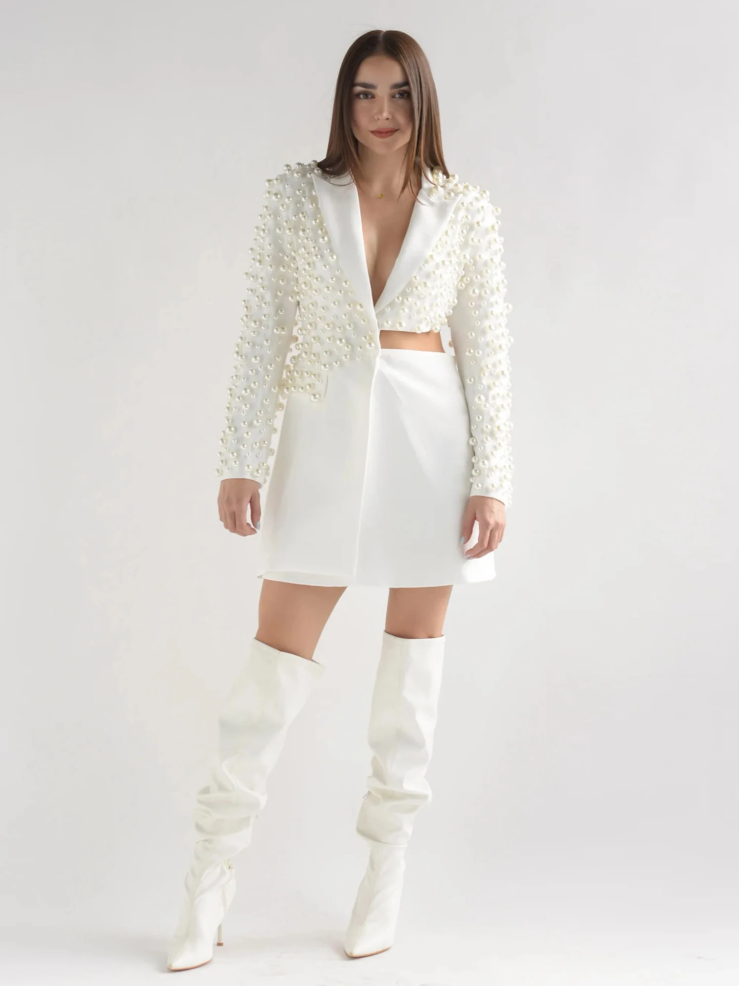 

Костюм VGH Pearl White: вечерний комплект из жакета с поясом и юбки А-силуэта, модный женский ансамбль из двух предметов