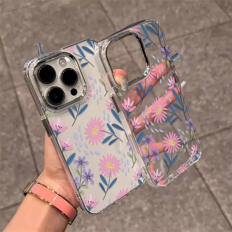 Custodia per telefono con motivo floreale per iPhone 17 Air 13 11 12 14 15 Pro Max 16e XR XS X 7 8 Plus Cover con cornice per obiettivo argento antiurto