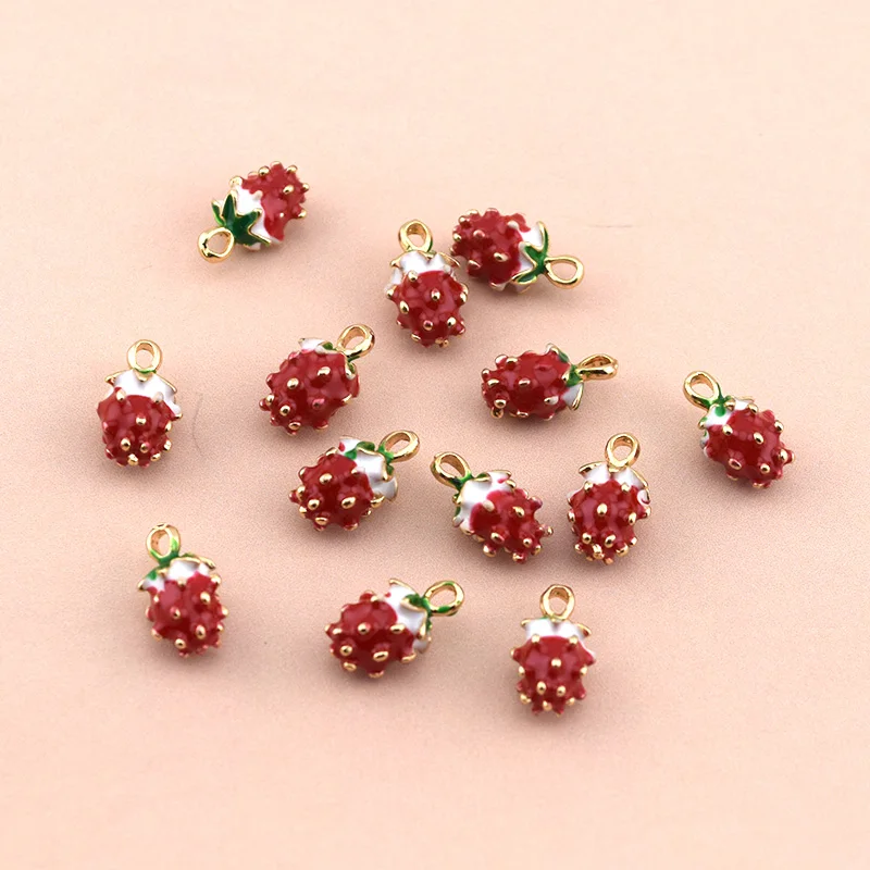 10pcs Mini Red Strawberry Alloy Enemal Charms Cute 3D Fruit Pendant For Barcelet Earring Necklace Diy Jewelry Making