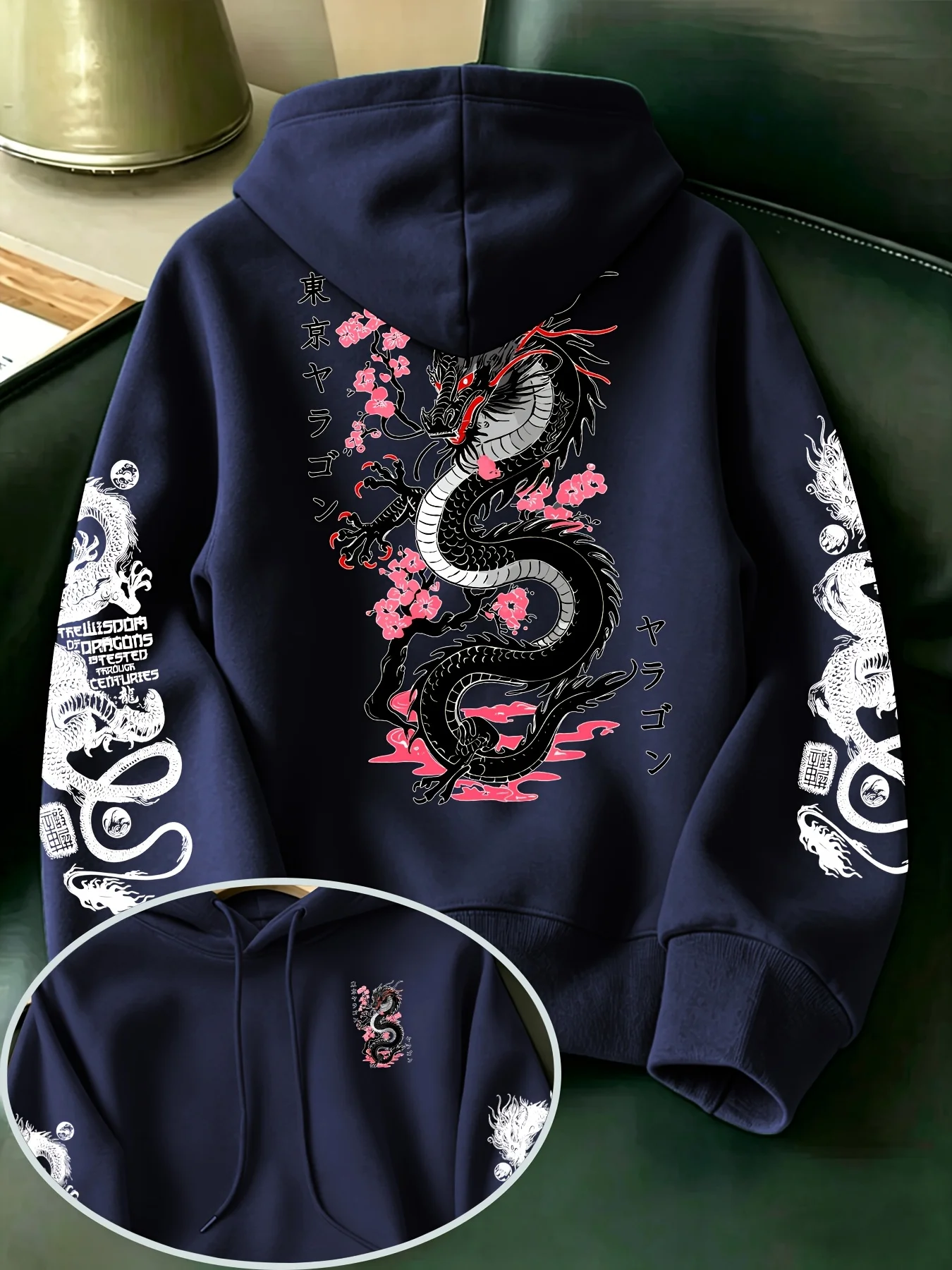 Herren-Hoodie im japanischen Stil mit Tokyo-Drachen-Kirschblüten-Grafikdruck, Oversized-Sweatshirt, asiatische Streetwear, Herbst-Winter-Oberteil – Detail 4