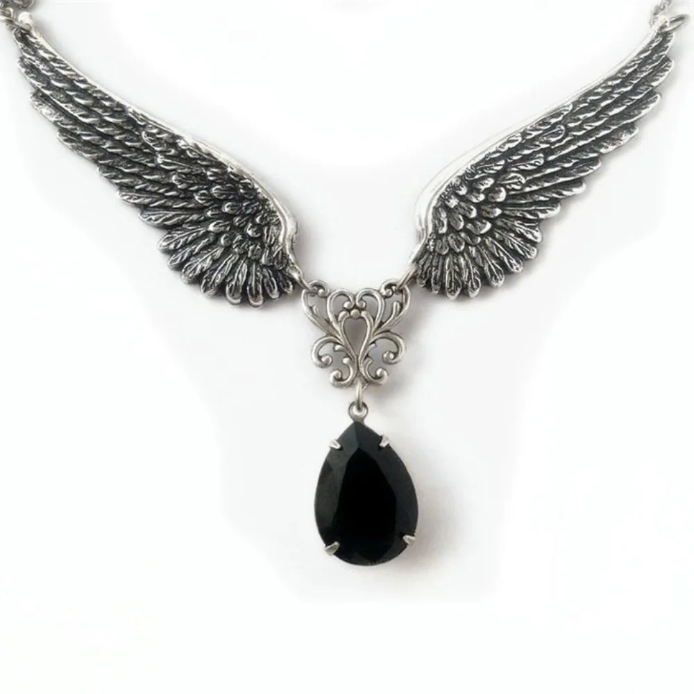 Gothic Punk Ancient Silver Angel Wings Black Water Drop Pendant Necklace for Women Men Charm Choker Chain Jewelry Accessory Gift