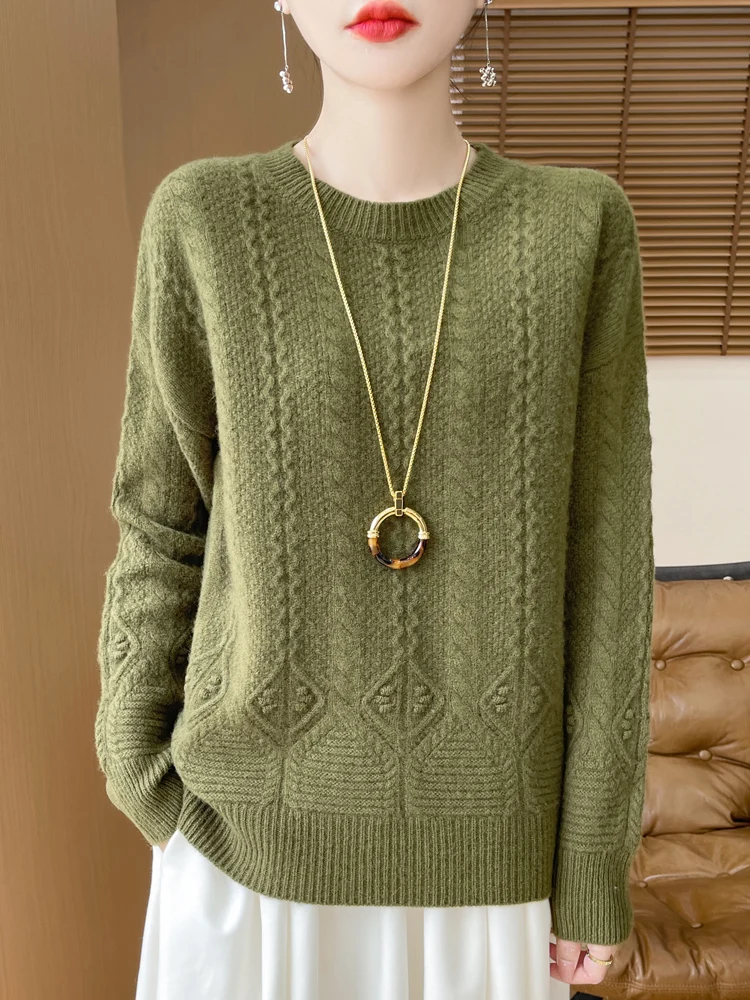 

Осенне-зимний женский свитер из 100% чистой шерсти с круглым вырезом, однотонный, жаккардовый, с узором косы, универсальный, свободный, кашемировый, вязаный, модный топ