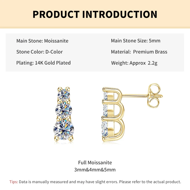 Rrjzz 3mm 4mm 5mm Drei-Stein-Ohrstecker mit Labor-Imitationsdiamanten, D-Farbe Moissanit-Ohrstecker für Damen, Hochzeitsschmuck, Geschenke – Detail 1