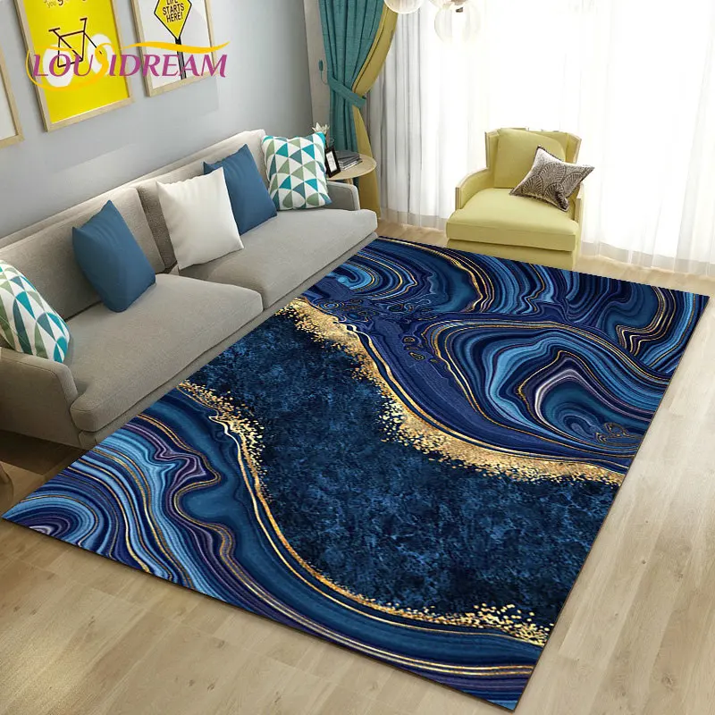 Colour Blue Gold White Marble Area Rug Large,Carpet Rug for Living Room Bedroom Sofa Doormat Decoration,kids Non-slip Floor Mat