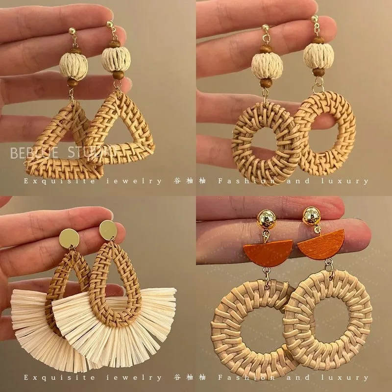 

ALIYA exaggerated handmade retro rattan Raffia geometric earrings ethnic style summer beach women's tassel earring