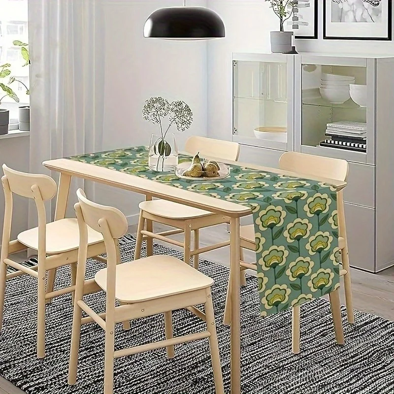 【Hippie Floral】Vintage Green Table Runner, Practical & Durable Table Runner, Kitchen & Dining Table Daily Decor
