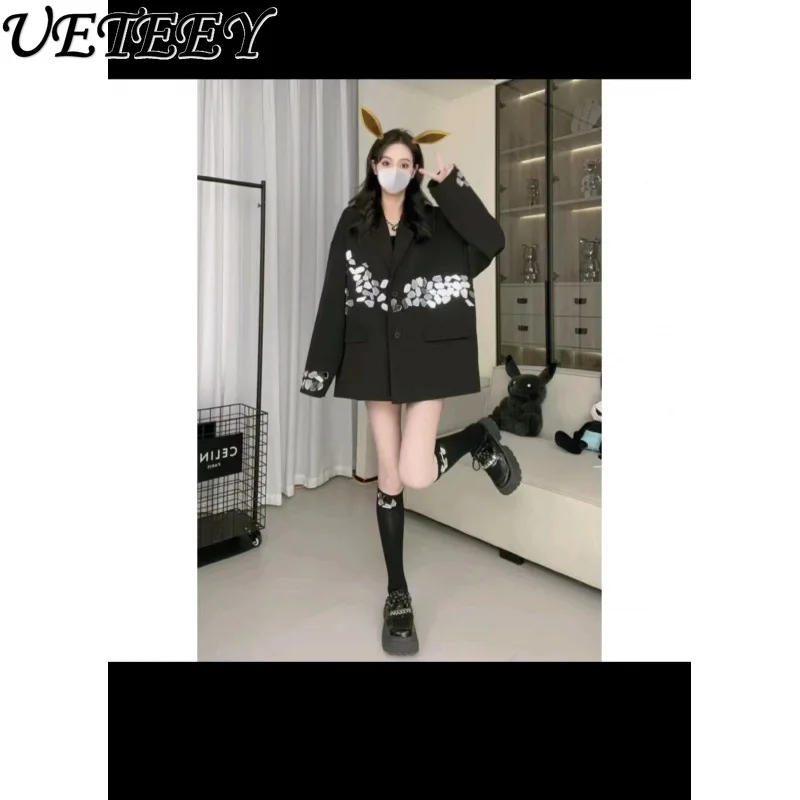 Spring and Autumn New Niche Heavy Industry Large Sequin Splicing Blazer Black Fashionable Versatile Loose Long-sleeved Jacket