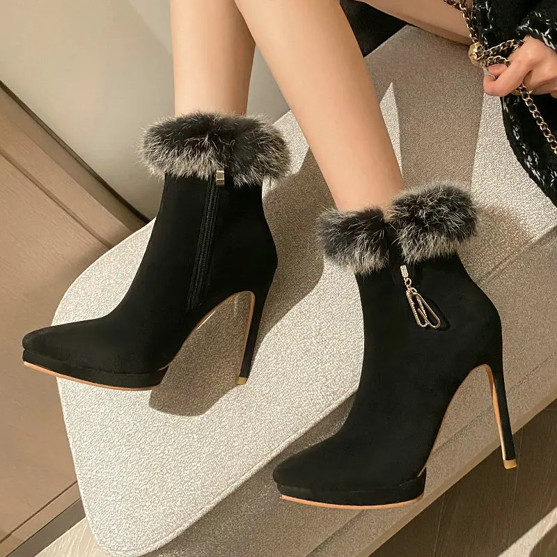 Pointy-toe Platform Sexy Ladies Stilettos Ankle Boots With Real Rabbit Fur Super Thin High Heels Winter Warm Women Shoes Pumps