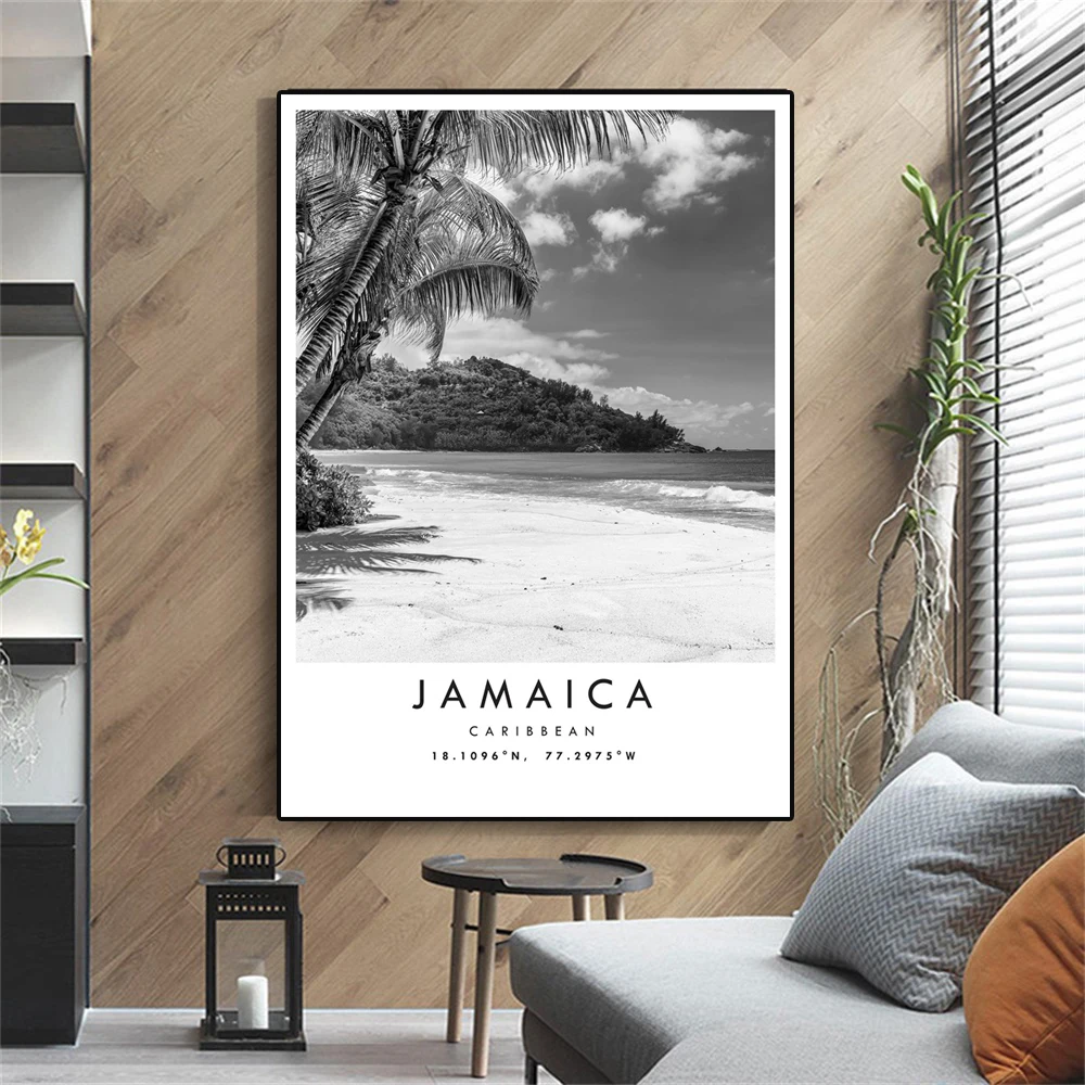 

Classical Jamaica Travel Print Caribbean Poster Black White Print Unique Wall Art Canvas Painting Coordinates Minimalist Decor