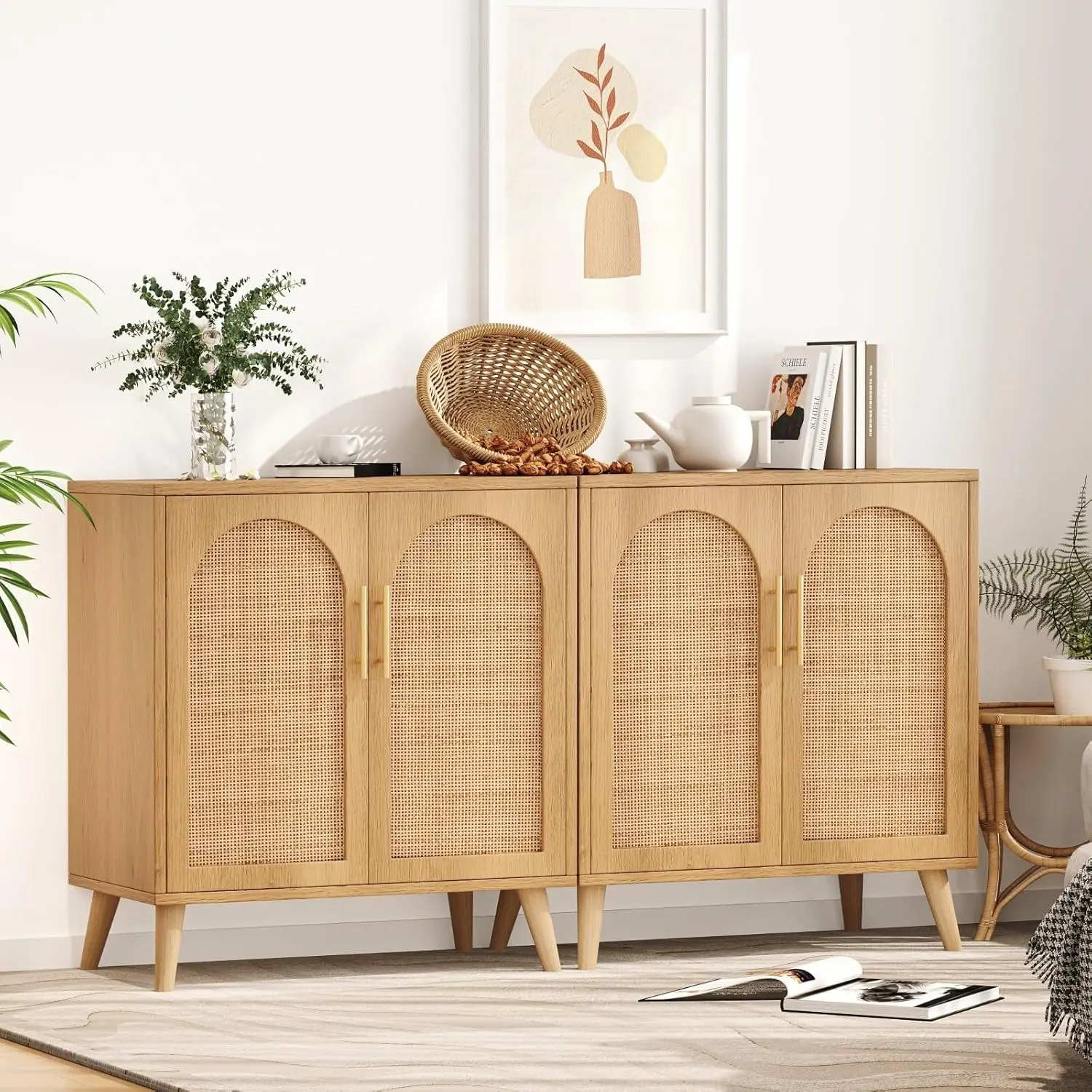 Rovaurx Set di 2 armadietti in Rattan con ante, mobile da pavimento per bagno con accento, credenza moderna credenza per Buffet