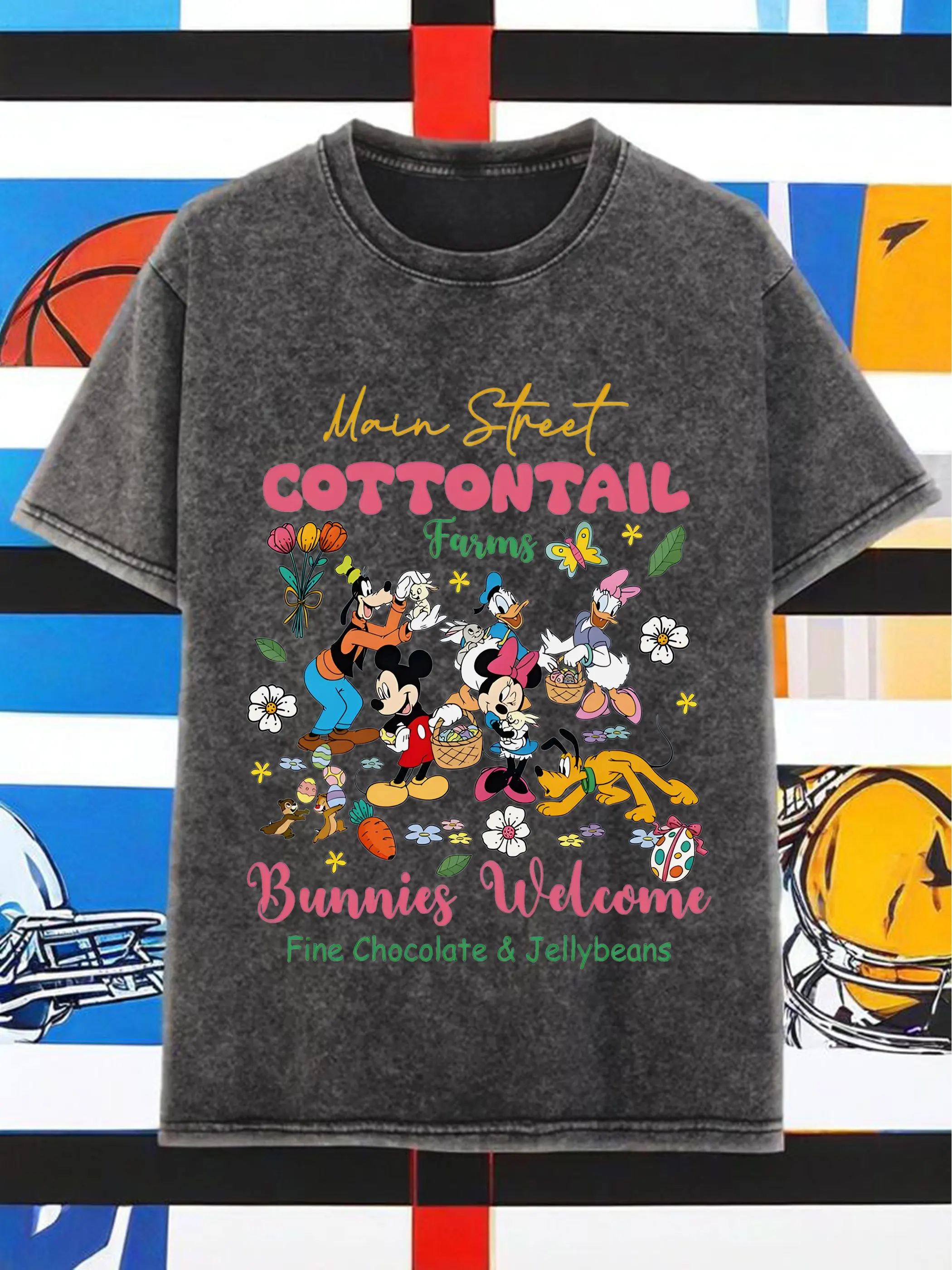 

Disney Friends Easter Farm Happy Party Pattern Printed Men's and Women's Retro Washed T-shirt Pure Cotton Short Sleeve Top