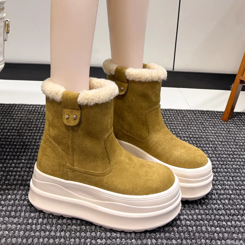 

High Heels Women's Boots Fur Suede Fashion Casual Shoes 2025 Short Plush New Warm Snow Ankle Boots Brand Comfort Mujer Zapatos