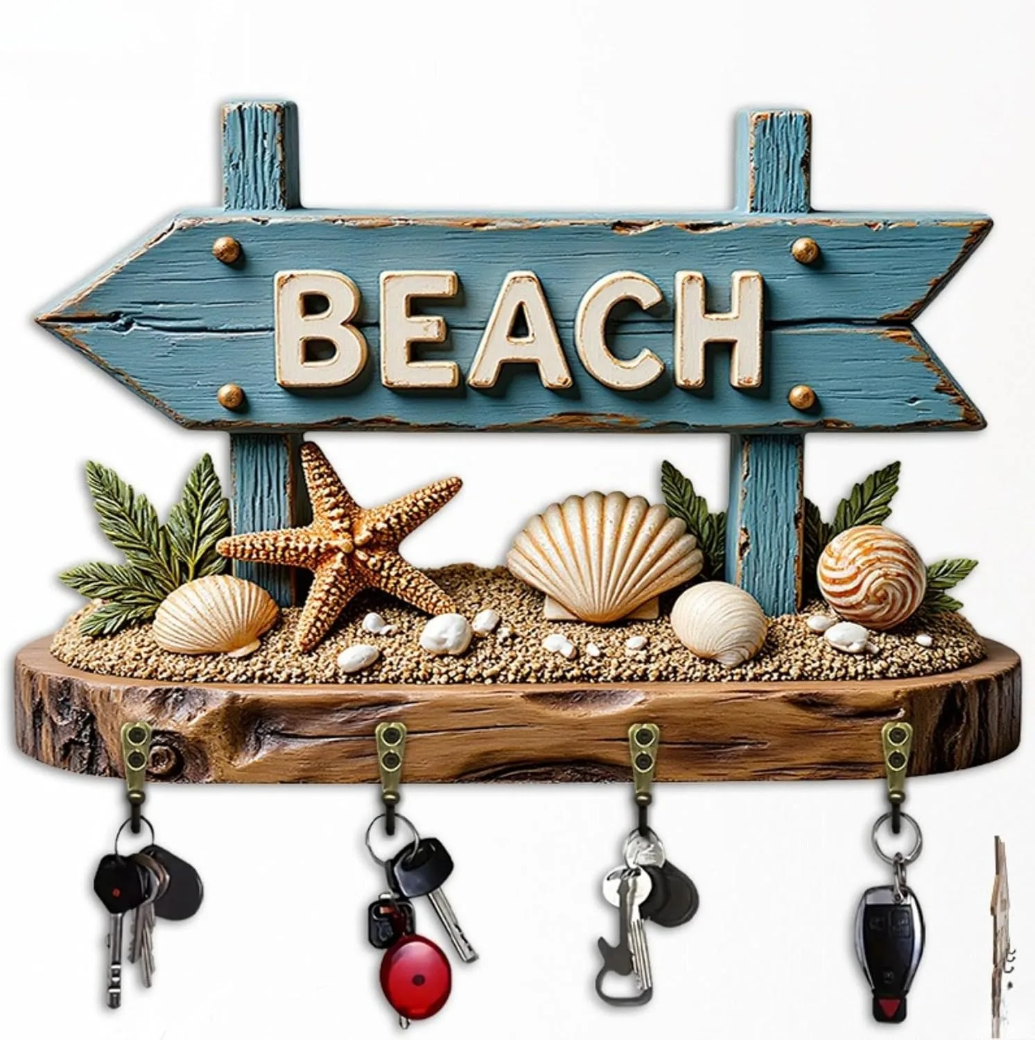 Beach Theme Wall Keychain, Coastal Wooden Key Rack with 4 Hooks, Nautical Entryway Organizer with Sea Shell Starfish Decor