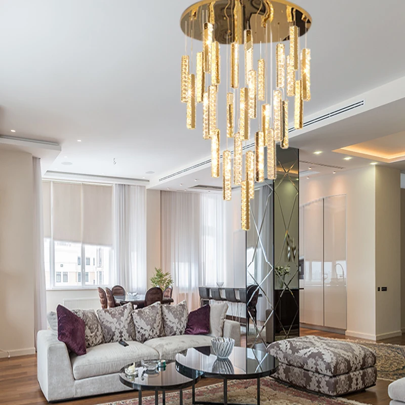 Modern Luxury Crystal LED Large Chandeliers For Living Room Nordic Duplex Spiral Staircase Hanging Lamps Home Indoor Loft Lights