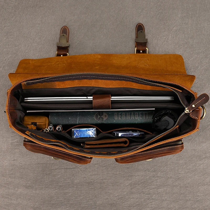Sac à main en cuir de vachette véritable pour hommes, étui à bombes, cuir de vachette optique, sac pour ordinateur portable d\'affaires, sac de