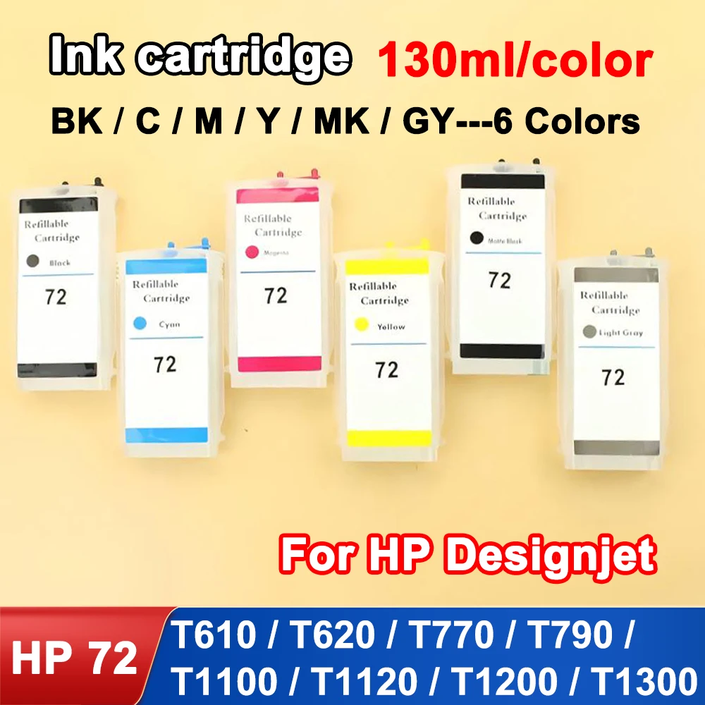 6 Colors 130ML For HP 72 Refill Ink Cartridge For HP Designjet T610 T620 T770 T790 T1100 T1300 T2300 Printer