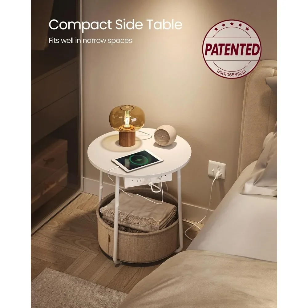 

Side Table with Charging Station, Round End Table W/Fabric Basket, Nightstand W/Power Outlets&USB Ports for Living Room, Bedroom