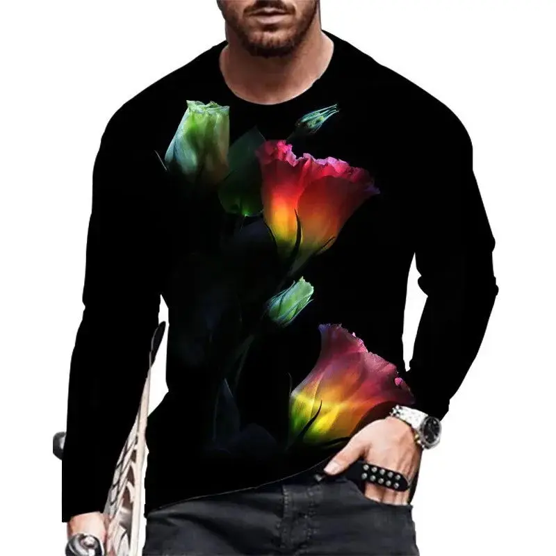 

Men's Fashion Creative Rose Flowers Interesting 3d Printed Crew Neck Long Sleeve Jumper Loose Casual Personality T-Shirt Top