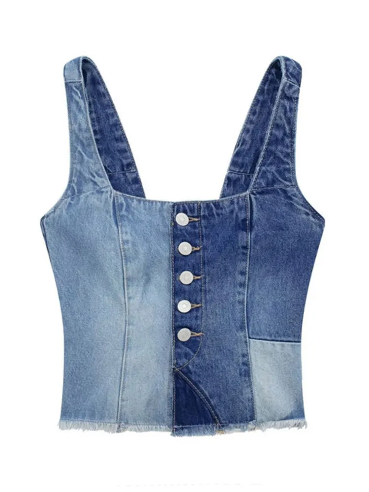 Women Fashion Front Button Patchwork Denim Tank Tops Sexy Backless Elastic Wide Straps Female Camis Mujer