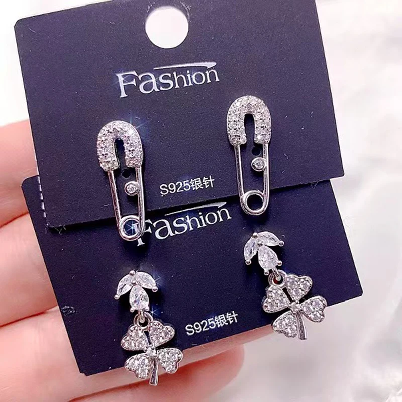 10/20Pairs/Lot Mixed Style 925 Silver Needle Zircon Inlay Copper Women\'s Earrings Korean Version Fashion Elegant Earring Jewelry