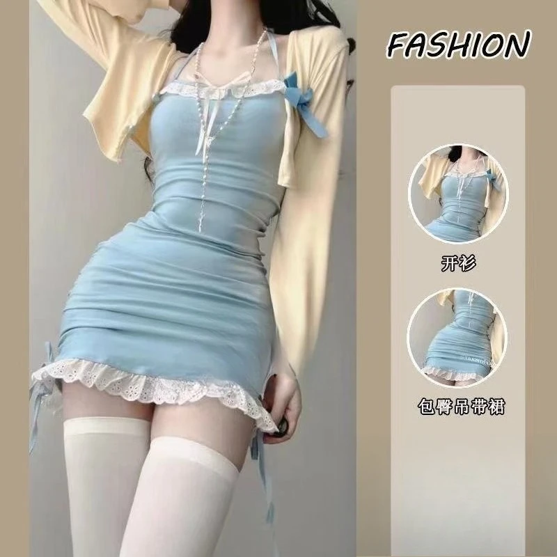 

2026 Summer Japan Fashion Sexy Slim Waist Bodycon Halter Dress for Women+ Sweet Long Sleeve Knitted Cardigan Two Piece Sets Y2k