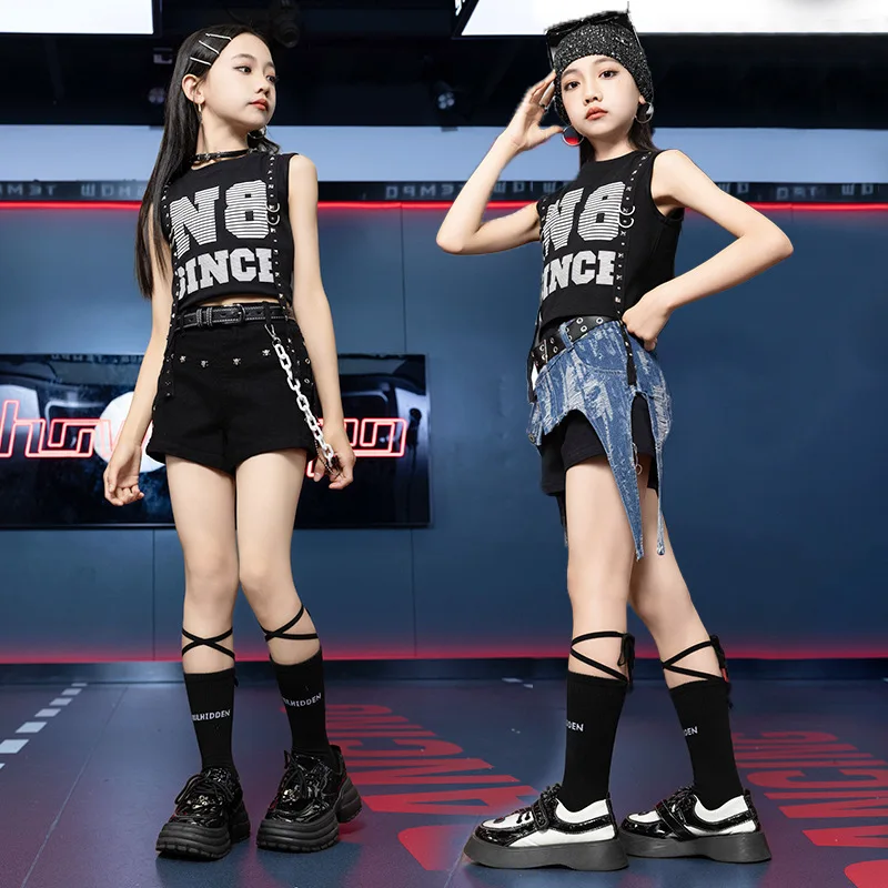 Kids Hip Hop Dance Performance Clothes Girl Crop Roll Jazz Tight Top Black Shorts Blue Waist Accessory