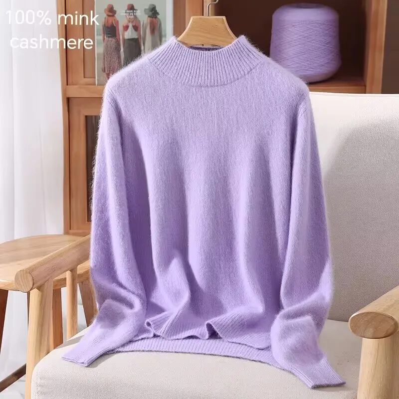 Women's Sweater 100% Mink Fur Sweater, Half High Neck, Autumn Winter Loose Slit Korean Version Knitted Base Shirt, Long Sleeveds