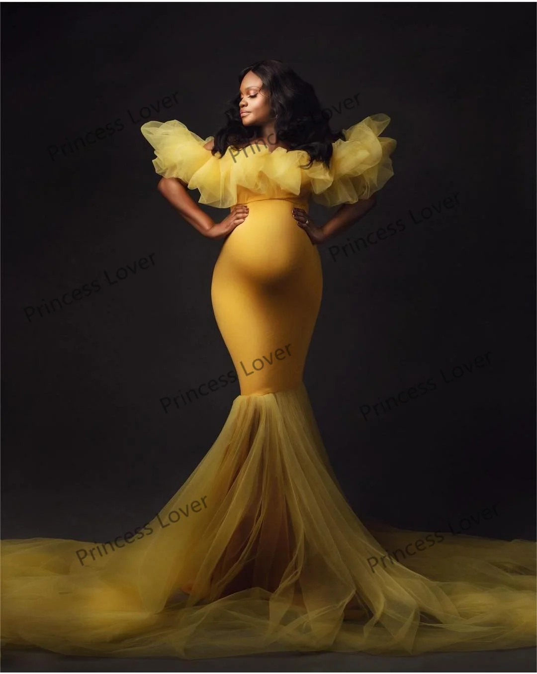 Yellow Mermaid Prom Dresses Off the Shoulder Ruched Pregnancy Gowns Empire Waist Bodycon Dress Baby Shower Photography Props