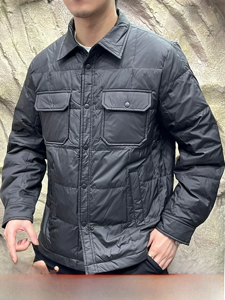 

Men's irt Sle down Jaet Lightweight Du down Collar Stand up Warm Autumn Winter Poly Fiber 00% Long Sve Button Clo...