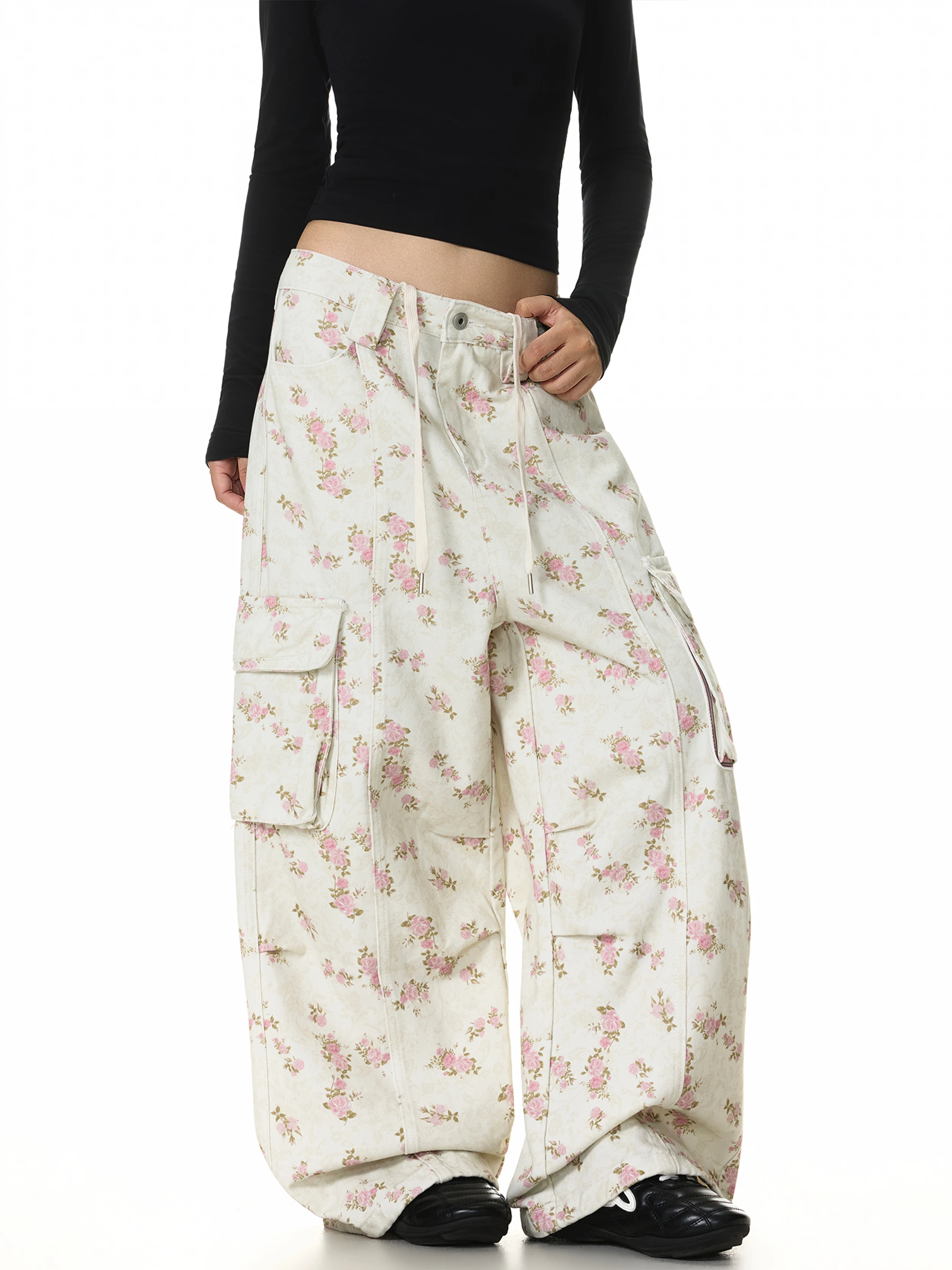 Retro American Floral Print Loose Casual Jeans Street Style Multi-Pocket Design Long Pants Women's Autumn Natural Waist Cotton