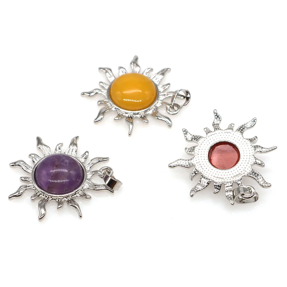 Natural Stone Sun Flower Pendant Vintage Healing Crystal Necklace Retro Style Round Amethysts Lucky Gems JewelryAccessories Gift