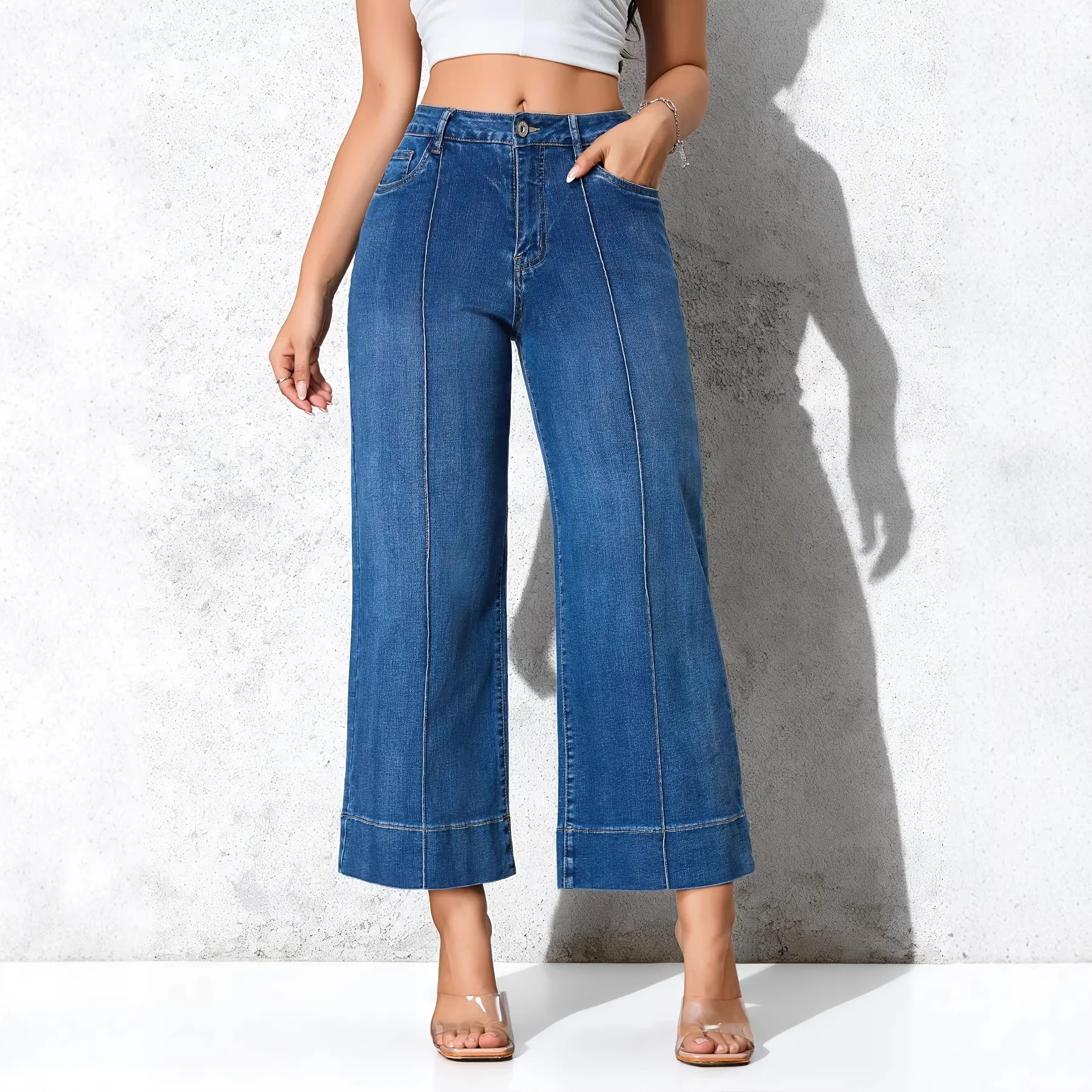 Casual Pure Color Women's Jeans Loose Straight Leg Mid Stretch Nine-Piece Pants Comfortable Korean Style Cotton Blend Denim