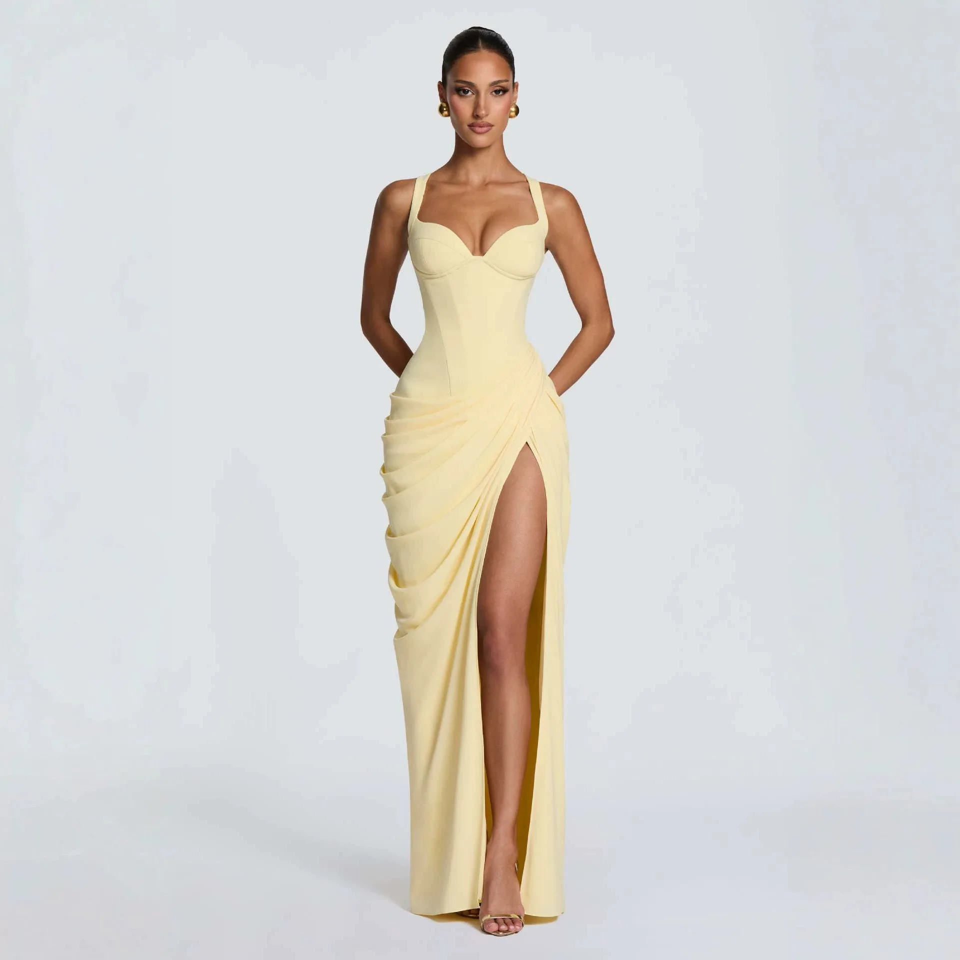 2026 New Asymmetrical Pleated Erotogenic High-slit French Strap U-neck Pleated Fatigue Clothes Summer Long Dress Lace Sexy