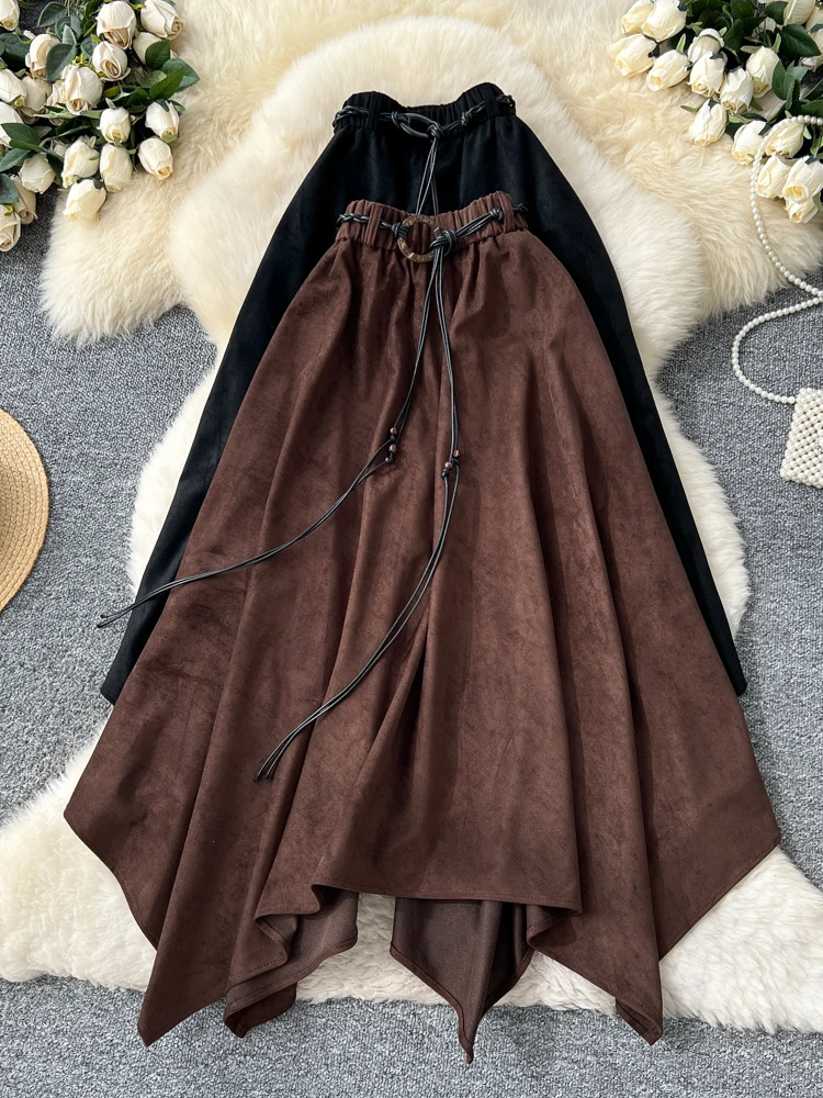 Women Brown Mid Long Suede Skirt Harajuku Y2k Gyaru Asymmetrical Skirts Aesthetic Vintage A-line Skirt 2000s Clothes Autumn 2025