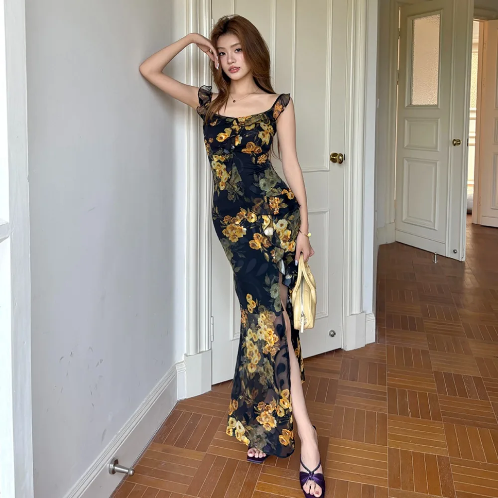 

Coigarsam Women Beach Dress New Office Lady Flounced Print Spaghetti Strap High Waist Dresses