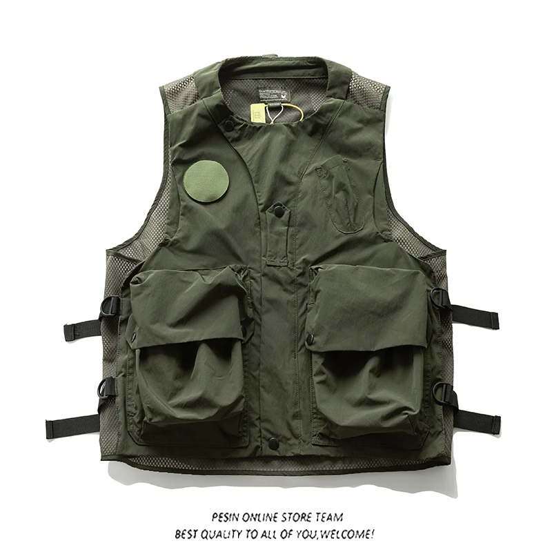 

Уличная повседневная мужская рабочая одежда, жилет с несколькими карманами, модный брендовый винтажный свободный крой, наплечник, джет, осенняя одежда из полиэфирного волокна