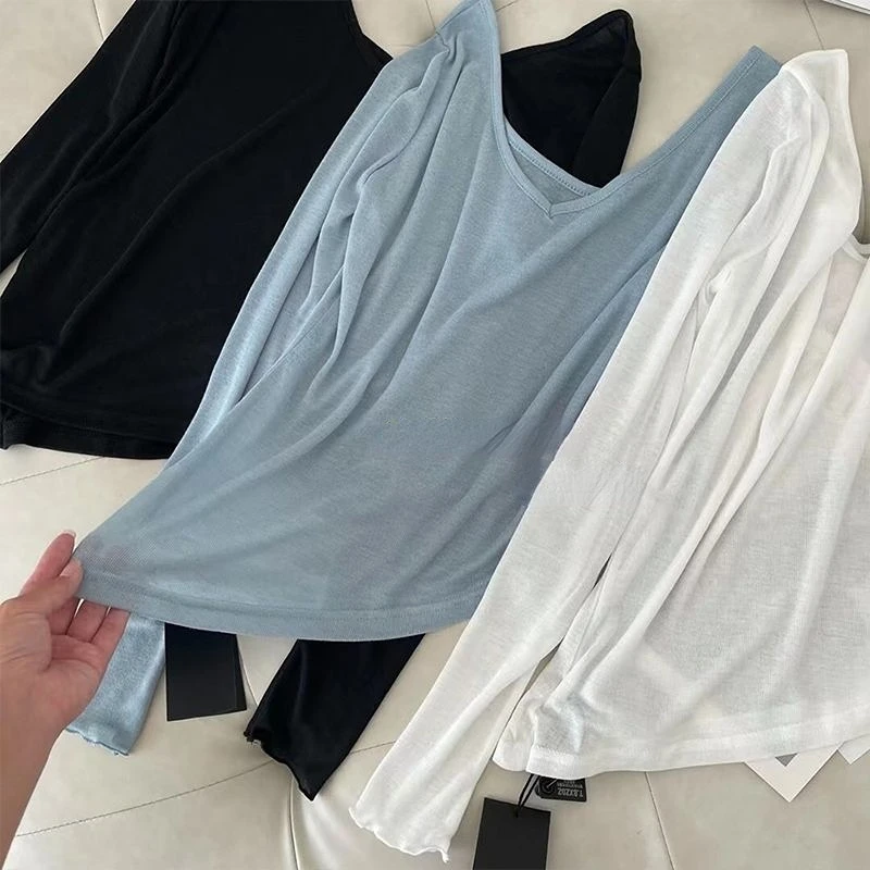 Summer T-shirts Women Slim Breathable Sunscreen Chic Sexy Designed O-neck Asymmetrical Leisure Cropped Tops Popular Long Sleeve