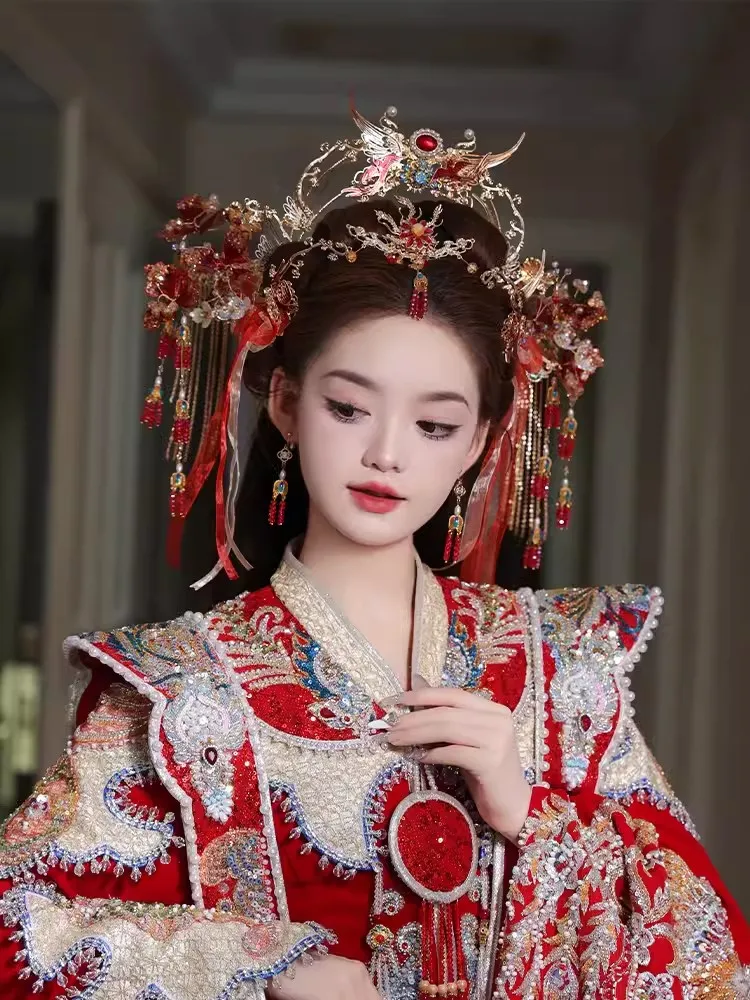 Chinese Xiuhe Dress Bridal Headdress Red Ancient Style Age-reducing Fairy Headband Classical Wedding Hair Accessories