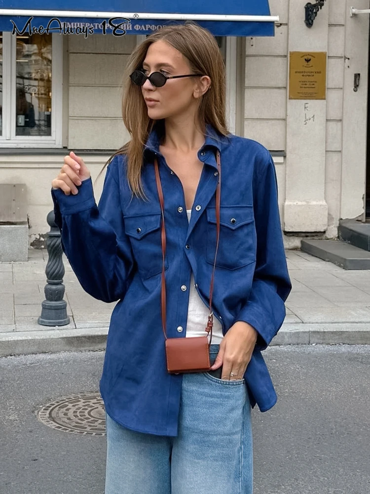 Mnealways18 Drop Shoulder Blue Fashion Women Shirts Coats Turn Down Dollar Oversize Outerwear Fall Winter 2024 Lady Street Style