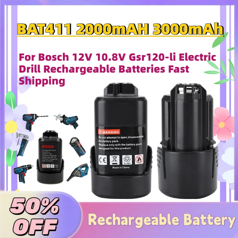 

BAT411 2000mAH 3000mAh 12V Lithium Battery for Bosch 12V 10.8V Gsr120-li Electric Drill Rechargeable Batteries Fast Shipping