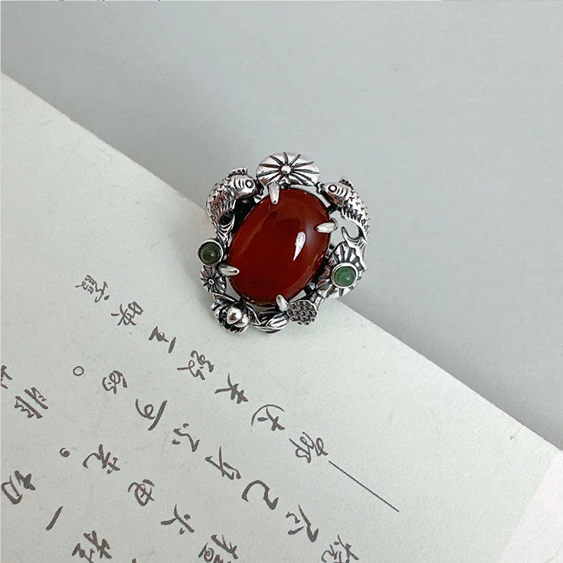 Anelli di agata rossa in argento Sterling 925 in stile cinese per le donne anello regolabile con apertura di loto etnico Vintage Finsh gioielli