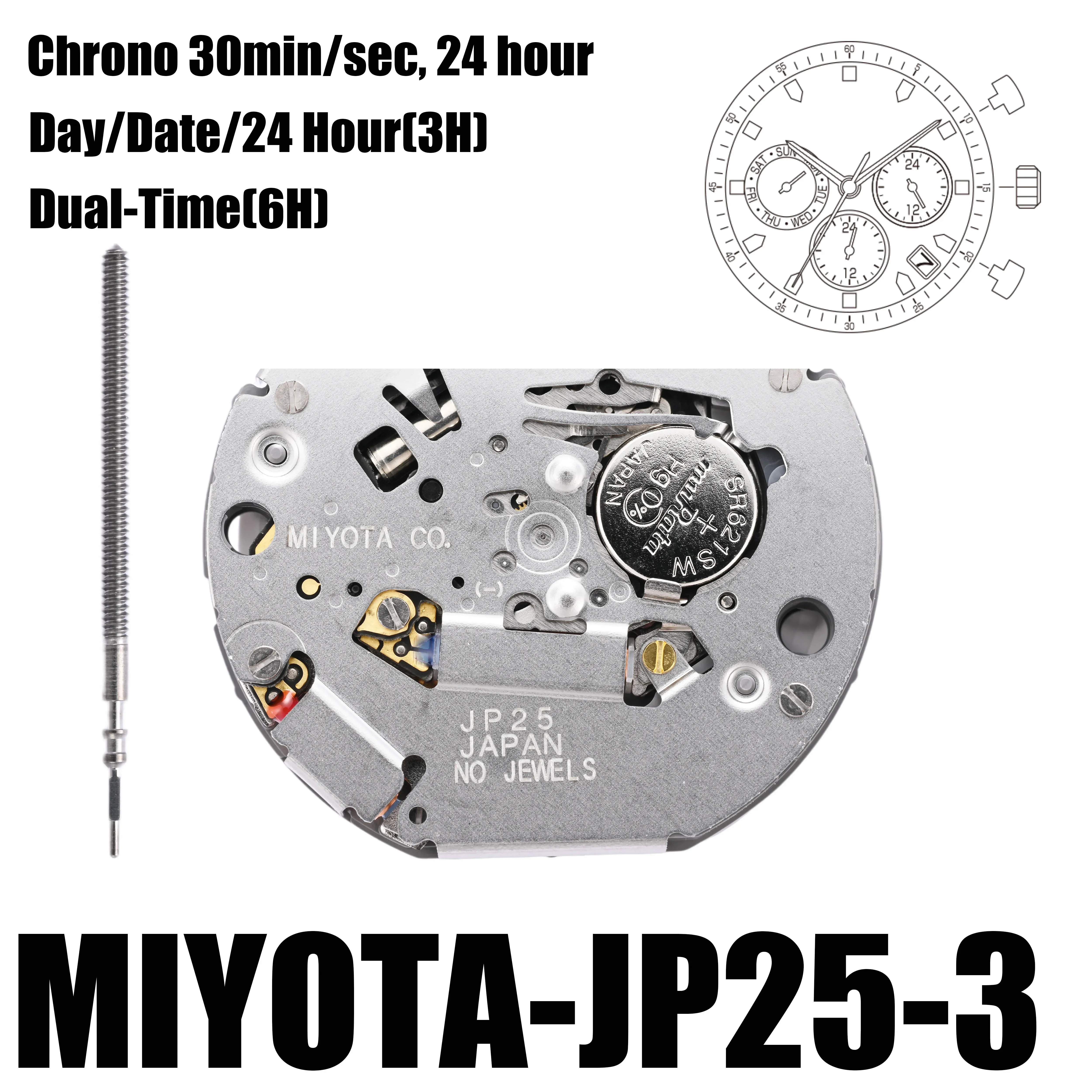 JP25 Movement Miyota JP25 Movement Multi-Function Quartz Watch Movement with Day At 3:00 Size: 12 1/2\'\'\'; Height: 4.30mm