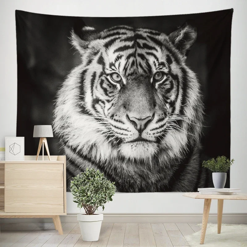 Black Creative Violent Lion Wildlife Tapestry Polyester Dress Up Wall Background Bedroom Dormitory Decoration