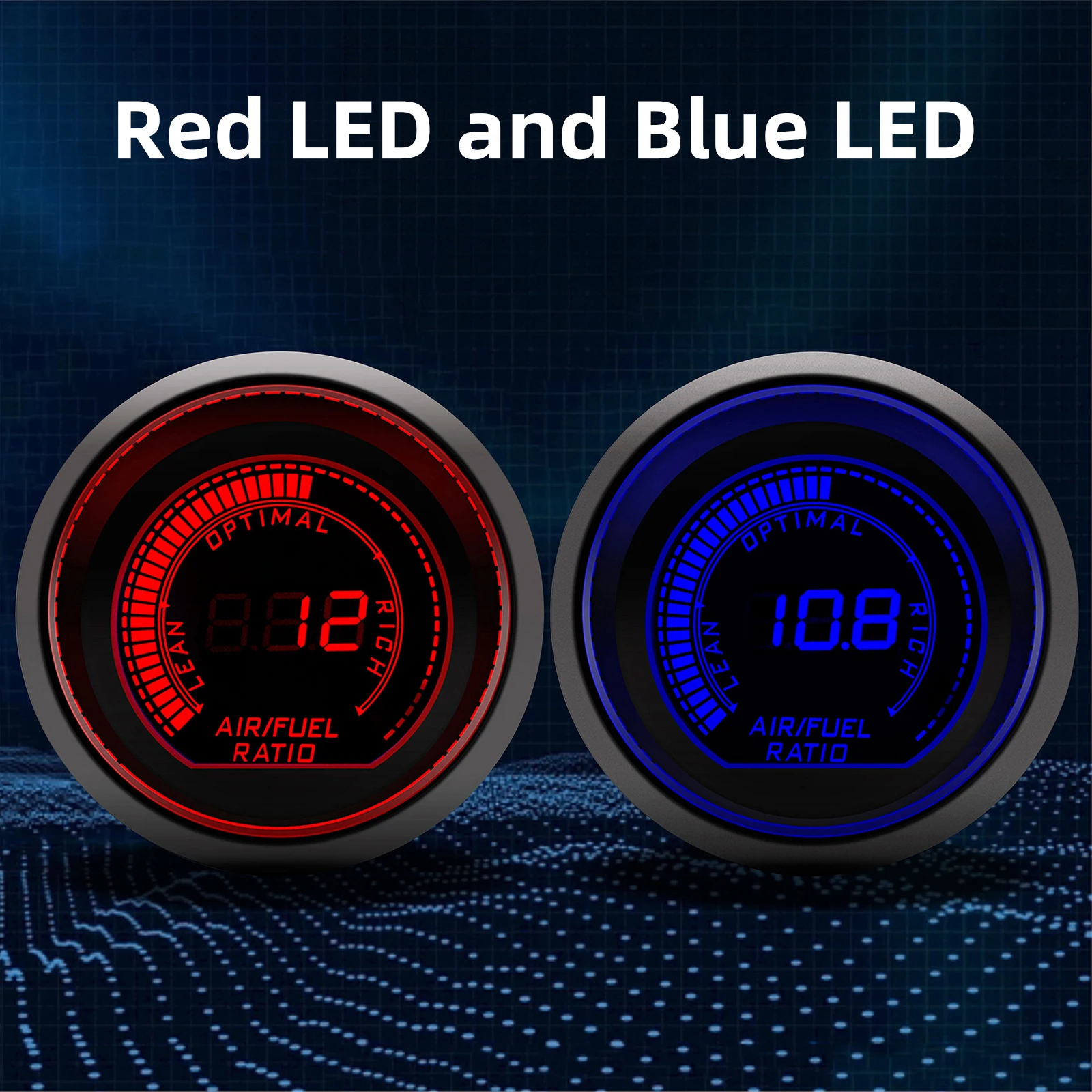 52mm Car Auto Air Fuel Ratio Gauge 10-20 With Narrowband O2 Oxygen Sensor Red and Blue Dual LED Digital Gauge for Car Racing 12V