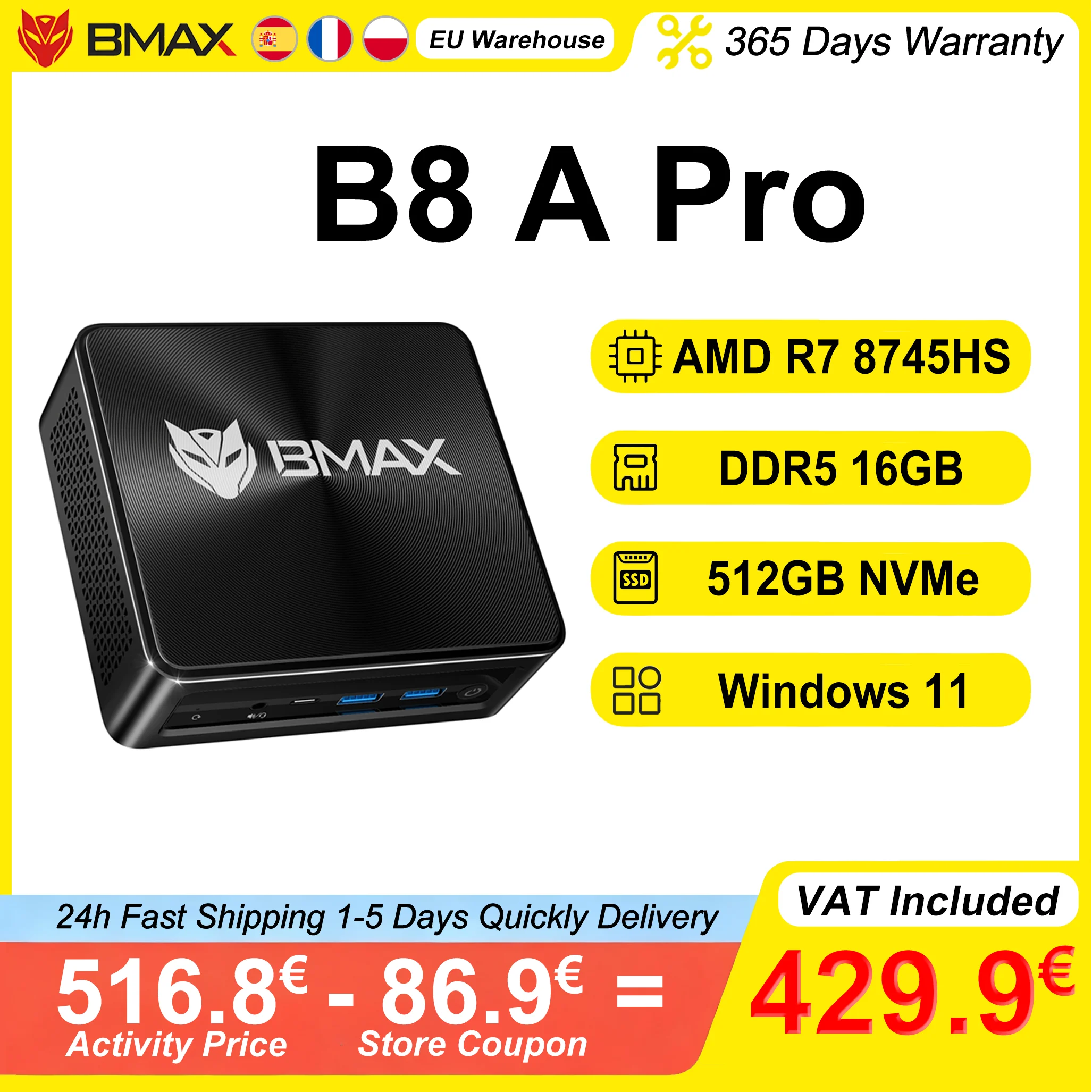 BMAX Mini PC B8 A Pro AMD Ryzen 7 8745HS 16GB DDR5 4800MHz RAM 512GB NVMe SSD Windows 11 Obsługuje 4K@60Hz WiFi 6 AMD Radeon 780M