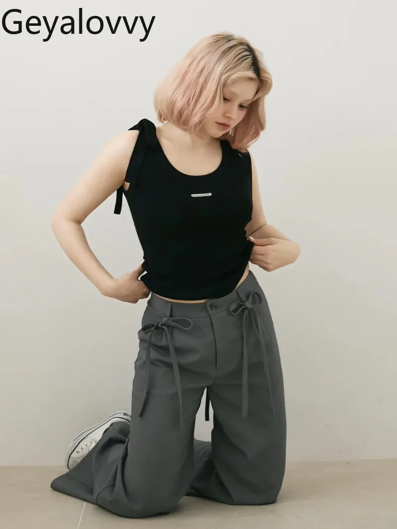 

Summer New Versatile Japanese Niche Bow Tie Waist Slimming Sleeveless Tank Top Sweet Hot Girl Solid Color Vest Camisole
