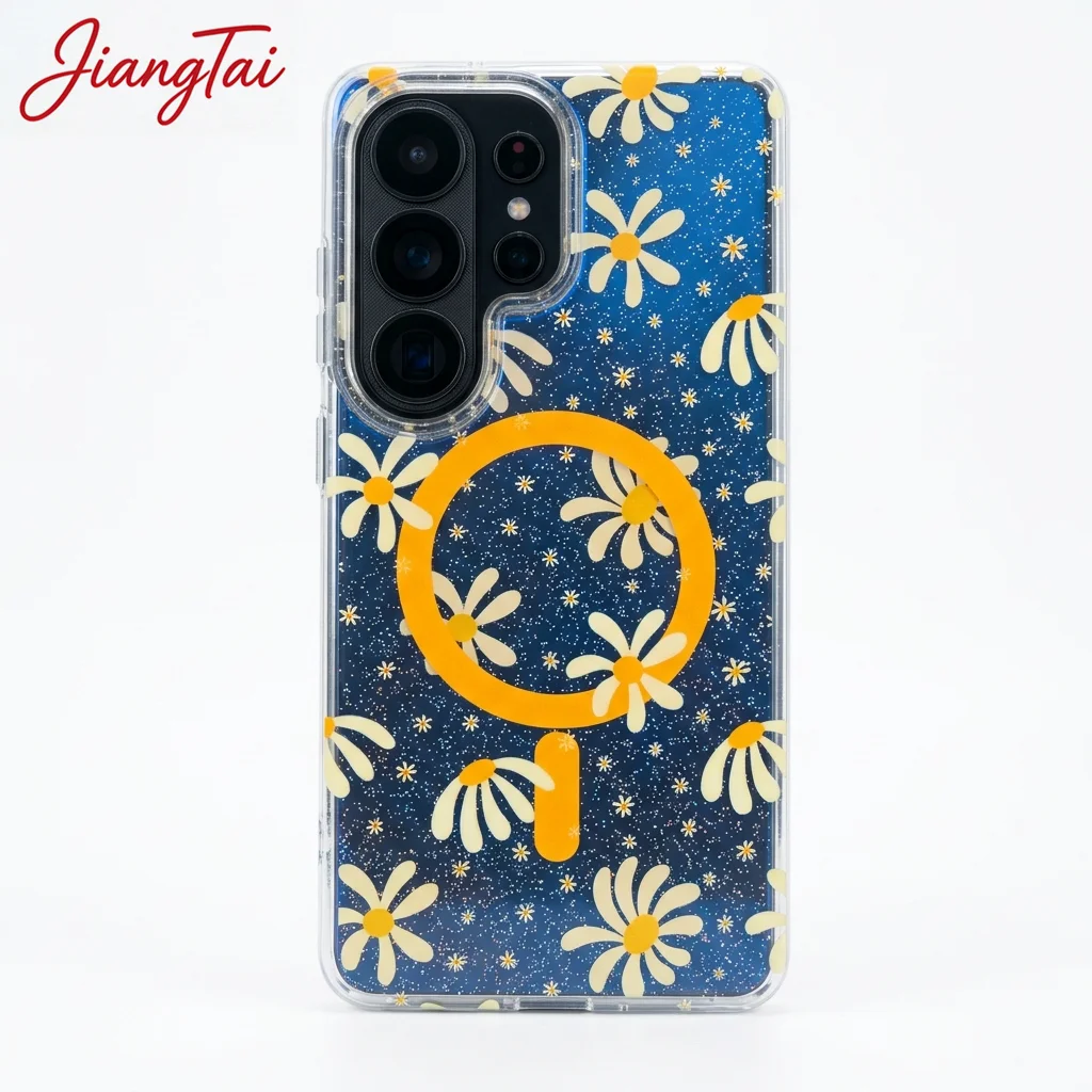 

Double Layer Sunflower Glitter Magnetic Case For Samsung Galaxy S26 Ultra S25+ S24 FE S23 Gradient Blue Light Transparent Cover.